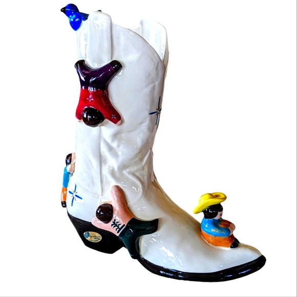 Storyteller Arts Other - Storyteller Arts Hand Painted Figural Ceramic Cowboy Boot Bird Vase 11 in